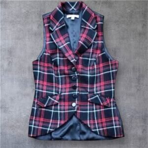 CAbi Plaid Wool Blend Button Front Vest Size L Red Black Tartan Holiday Academia